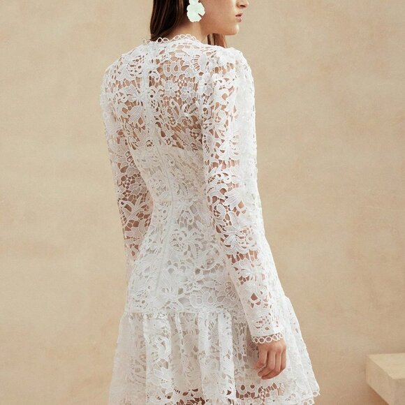 White Elegant Women's Pure Floral Lace Long Sleeve Dress - Picture 2 of 7